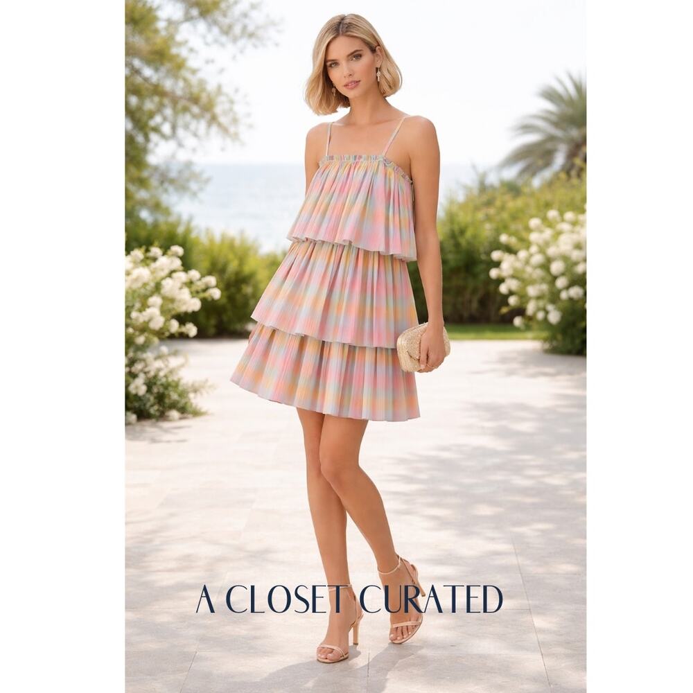 Beatrice B Tiered Rainbow Fusion Pleated Dress 4 Rainbow NEW